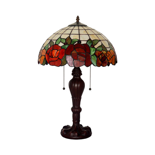 2-Light Tiffany Stained Glass Night Lamp With Rose-Edge Gridded Design And Pull Chain In Coffee