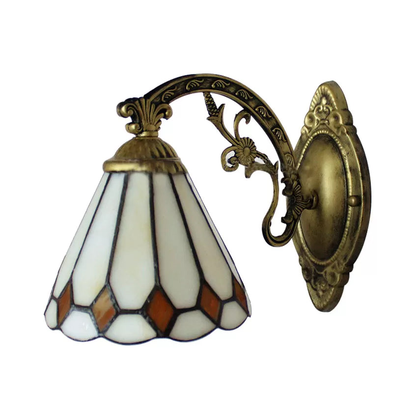 Conical Mini Wall Sconce With Scalloped Shade Art Glass Tiffany Lighting In Brass