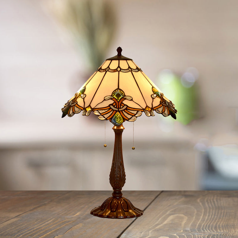 Tiffany 2-Light Bronze Table Lamp With White Glass Goose Pattern & Pulling Chain