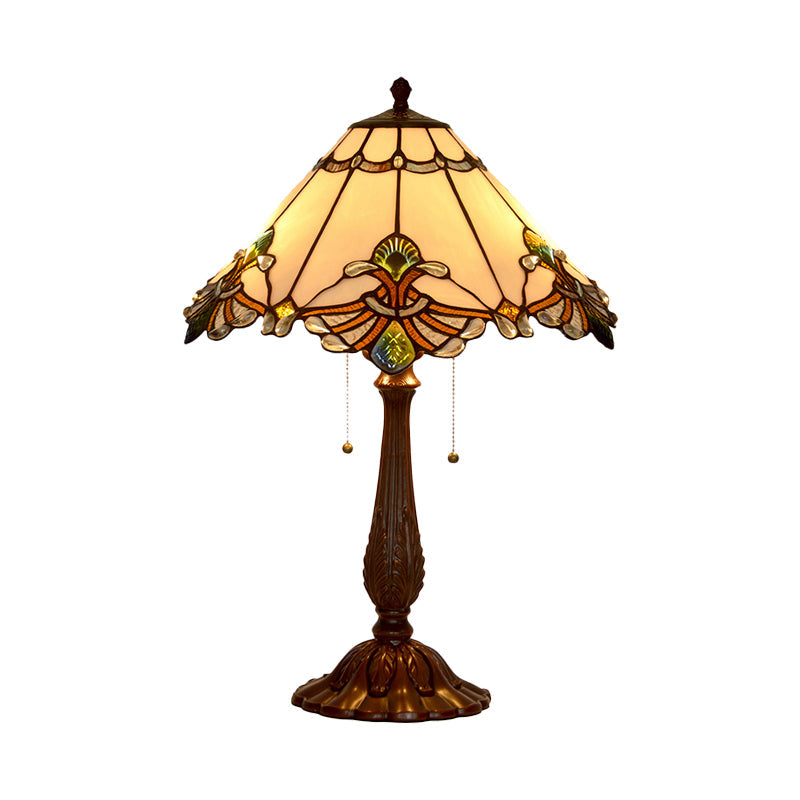 Tiffany 2-Light Bronze Table Lamp With White Glass Goose Pattern & Pulling Chain