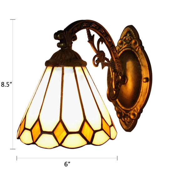 Conical Mini Wall Sconce With Scalloped Shade Art Glass Tiffany Lighting In Brass