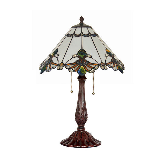 Tiffany 2-Light Bronze Table Lamp With White Glass Goose Pattern & Pulling Chain