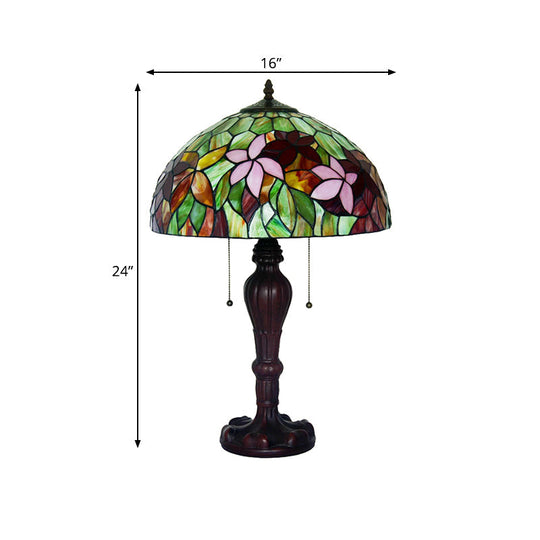 Tiffany Bowl Stained Glass Table Lamp In Bronze - Pull-Chain Nightstand Light With 2 Bulbs