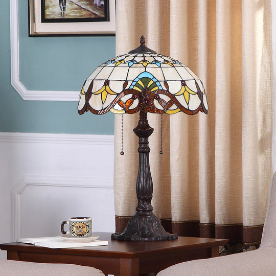 Bronze Tiffany Stained Glass Table Lamp With 2 Grain Pattern Heads And Pull Chain Switch