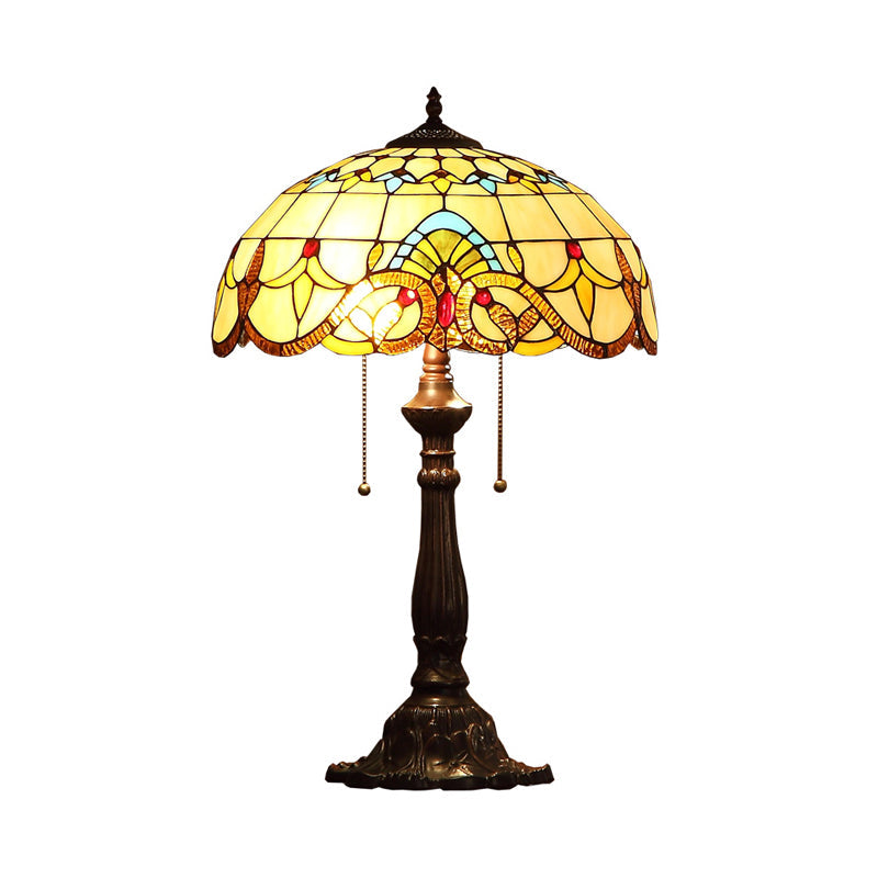 Bronze Tiffany Stained Glass Table Lamp With 2 Grain Pattern Heads And Pull Chain Switch