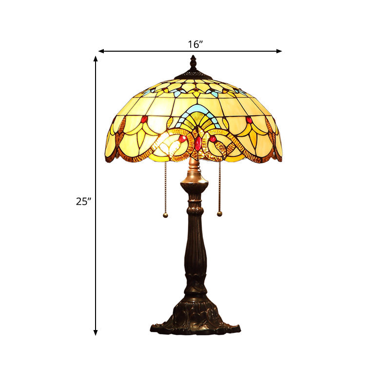 Bronze Tiffany Stained Glass Table Lamp With 2 Grain Pattern Heads And Pull Chain Switch