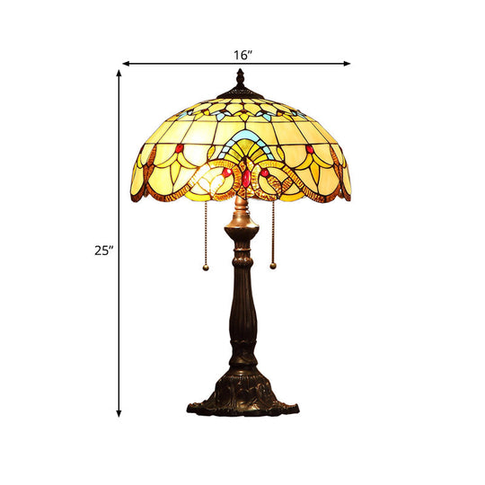 Bronze Tiffany Stained Glass Table Lamp With 2 Grain Pattern Heads And Pull Chain Switch