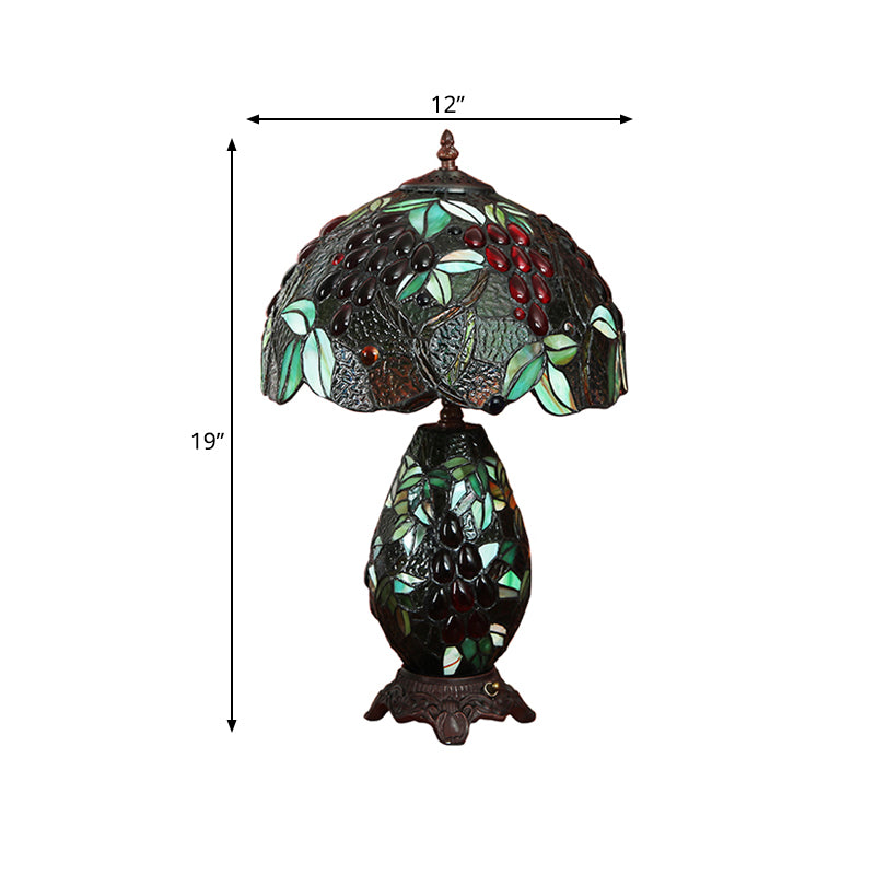 Grape-Pattern Tiffany Stained Glass Night Lamp With 2 Bulbs - Blackish Green Table Lighting