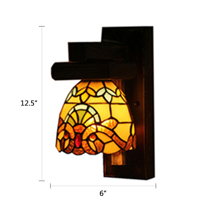 Victorian Rustic Dome Wall Lamp With Wood Blackplate - Stained Glass Light 1