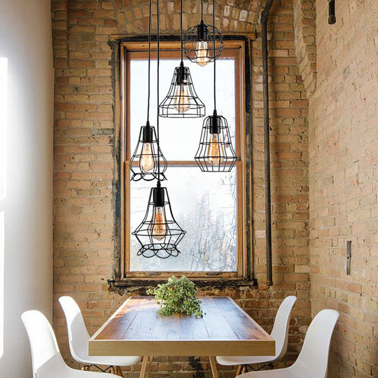 Vintage Caged Pendant Lighting - 5 Head Iron Ceiling Fixture With Various Black Shades For Table