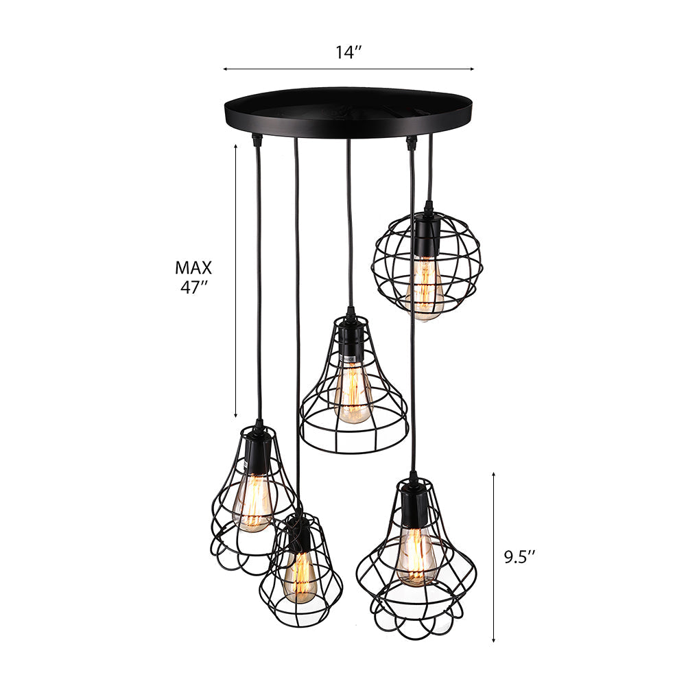 5-Head Vintage Caged Pendant Lighting with Unique Shades - Black Iron Ceiling Fixture for Table