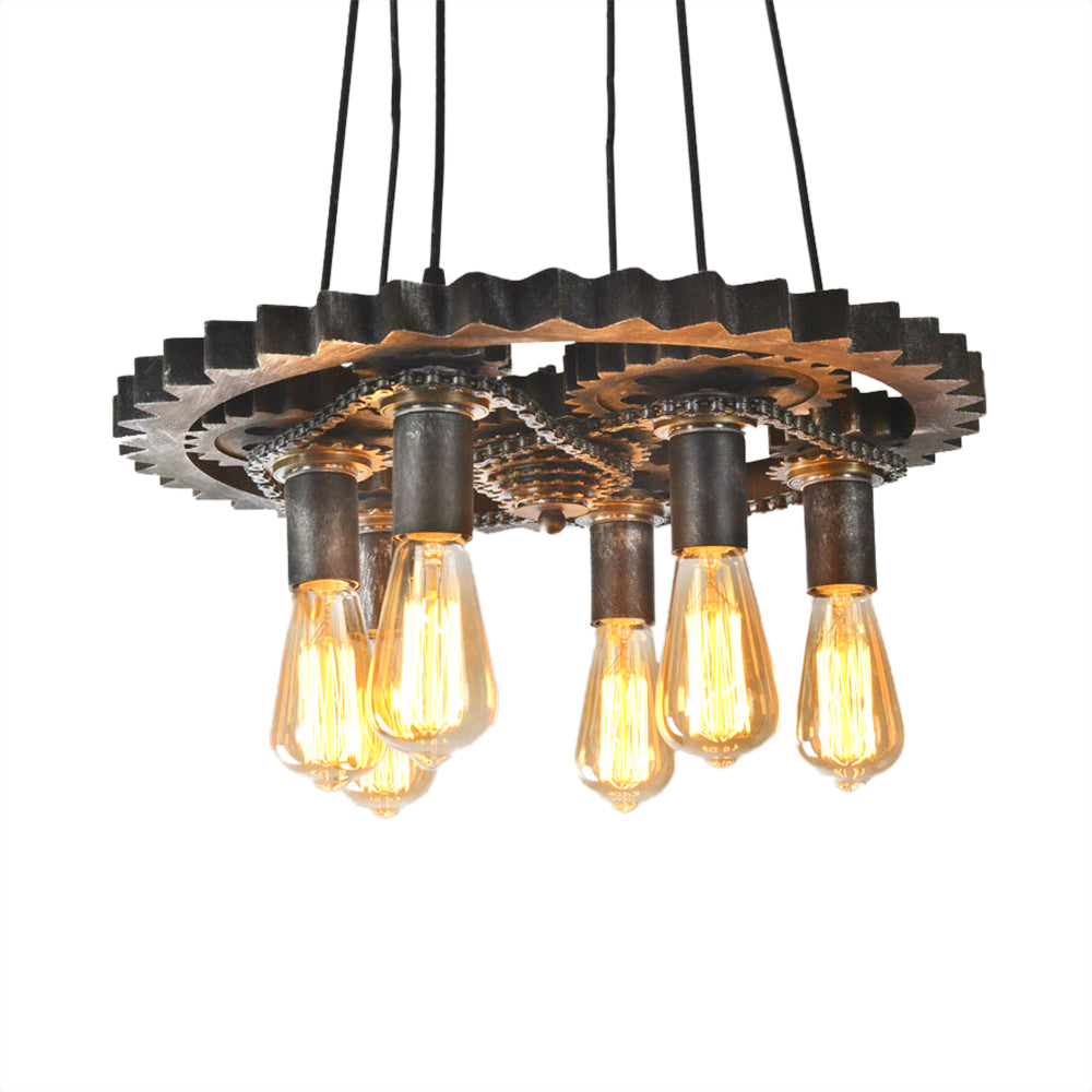 Rustic Metal Gear Shaped Chandelier Pendant Light - Adjustable Ceiling Fixture With 6 Lights For