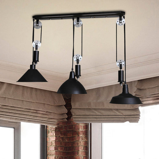 Metal Industrial Pendant Lighting - 3-Light Fixture With Unique Shade And Pulley Design In Black