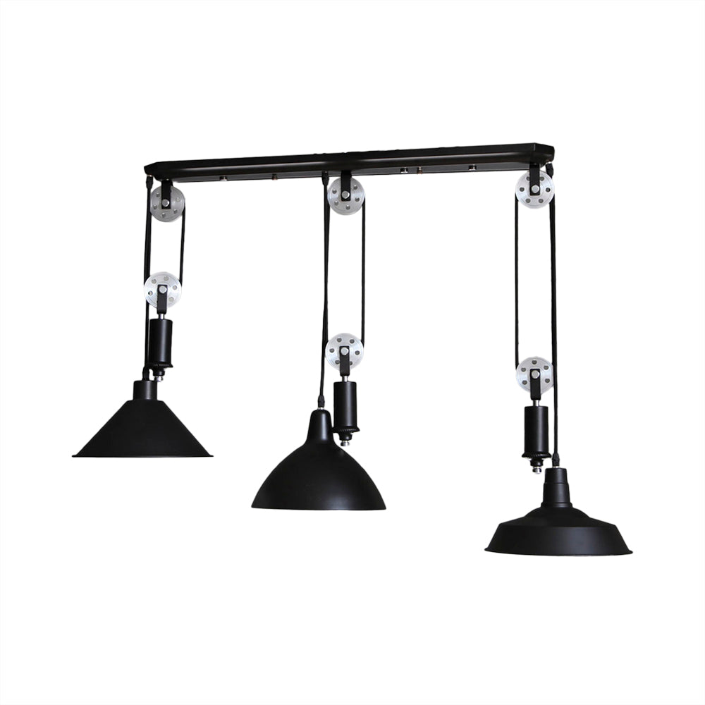 Metal Industrial Pendant Lighting - 3-Light Fixture With Unique Shade And Pulley Design In Black