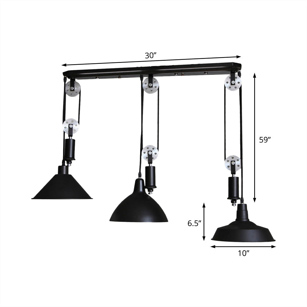 Industrial 3-Light Pendant with Adjustable Shades and Pulley Design in Black