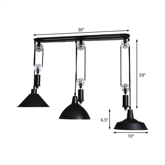 Metal Industrial Pendant Lighting - 3-Light Fixture With Unique Shade And Pulley Design In Black