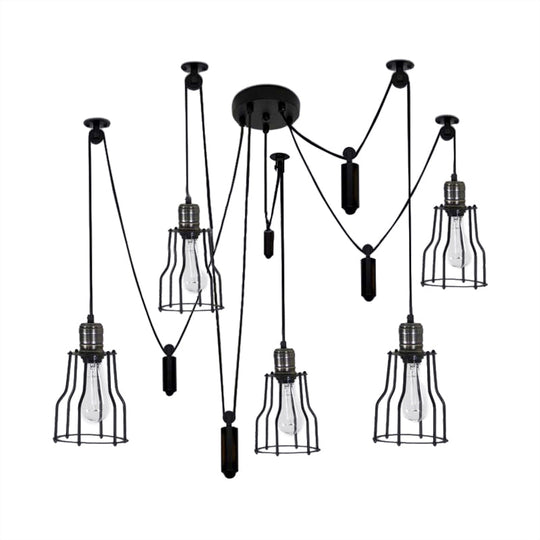 Farmhouse Style 5-Bulb Spider Pendant Light With Wire Guard Shade - Black Metal Ceiling Fixture For