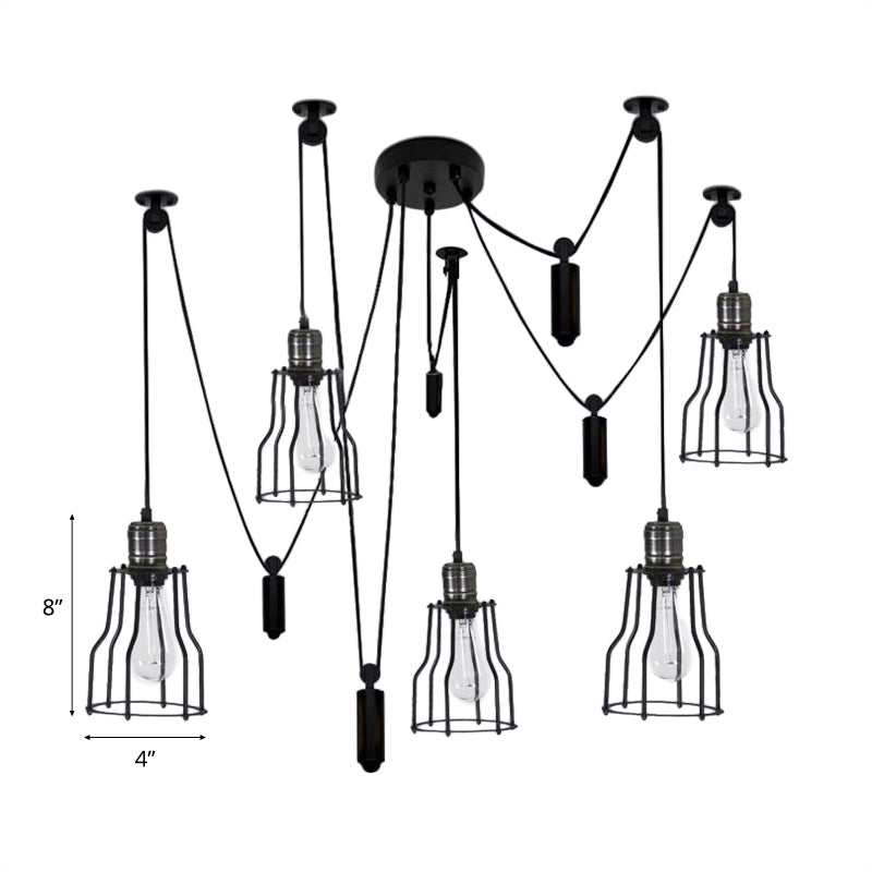 Farmhouse Style 5-Bulb Spider Pendant Light With Wire Guard Shade - Black Metal Ceiling Fixture For