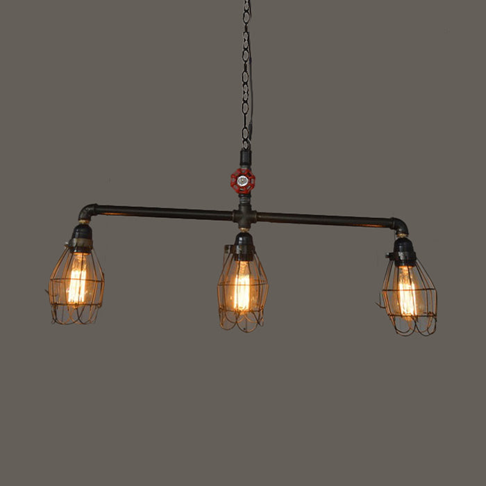 Industrial 3-Light Cage Iron Pendant With Red Valve: Small Bronze Fixture For Dining Room And Island