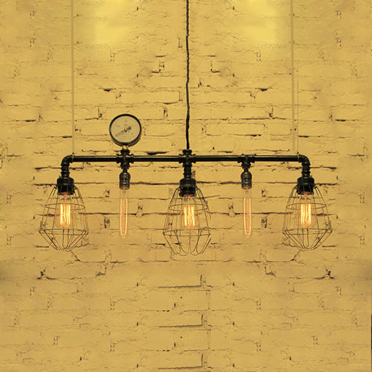 Industrial Metal Piping Island Ceiling Light With Wire Guard - 5-Bulb Pendant Lighting For Dining