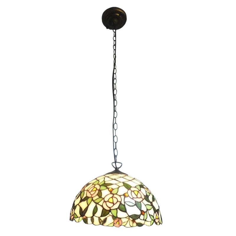 Tiffany-Style Beige Ceiling Pendant Light With Stained Glass Shade - 1 Bulb Bedroom Hanging Lamp