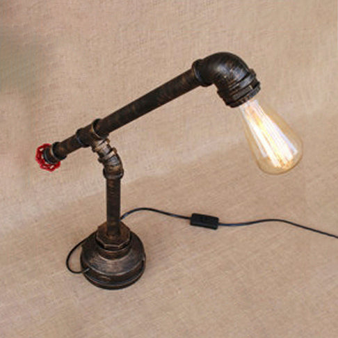 Vintage Bronze Finish Table Lamp With Bare Bulb And Valve Wheel Design