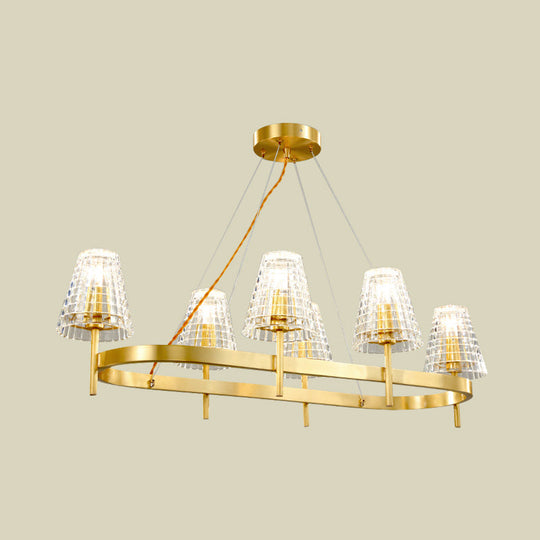 Gold Gridded Crystal Island Pendant Light With 6 Traditional Bulbs For Dining Room