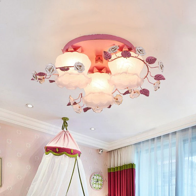 Pastoral Half-Open Flower Ceiling Lamp - 3/5-Light Semi Mount Lighting with Frosted Glass & Rose Wreath