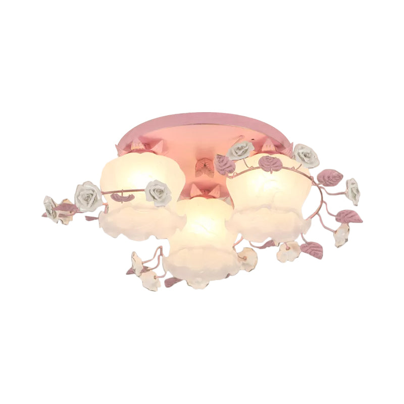 Pastoral Half-Open Flower Ceiling Lamp - 3/5-Light Semi Mount Lighting with Frosted Glass & Rose Wreath