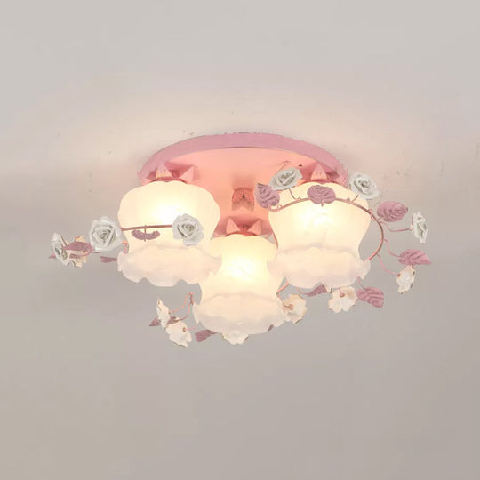 Pastoral Half-Open Flower Ceiling Lamp - 3/5-Light Semi Mount Lighting with Frosted Glass & Rose Wreath