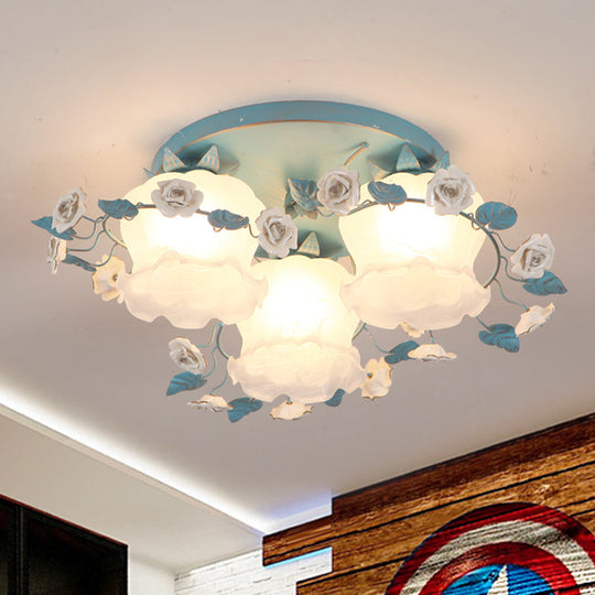 Pastoral Half-Open Flower Ceiling Lamp - 3/5-Light Semi Mount Lighting with Frosted Glass & Rose Wreath