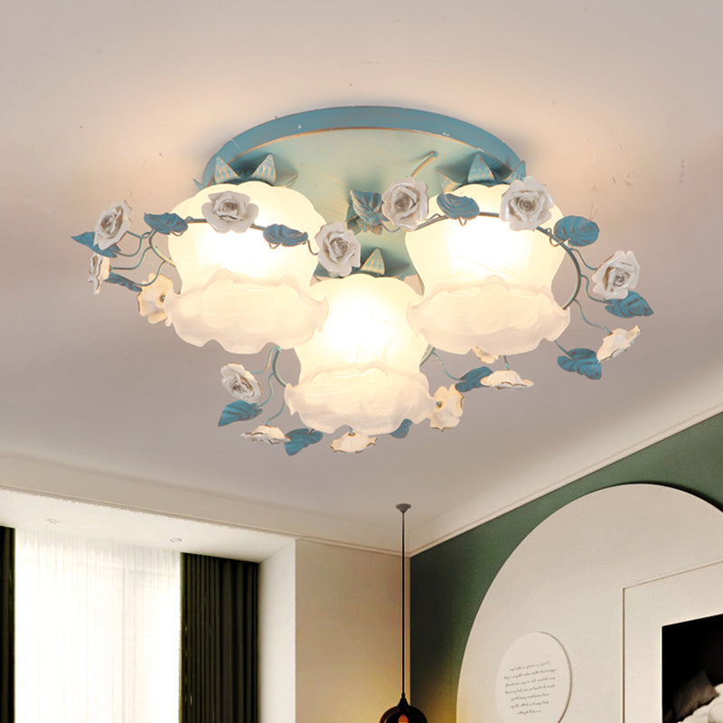 Pastoral Half-Open Flower Ceiling Lamp - 3/5-Light Semi Mount Lighting with Frosted Glass & Rose Wreath