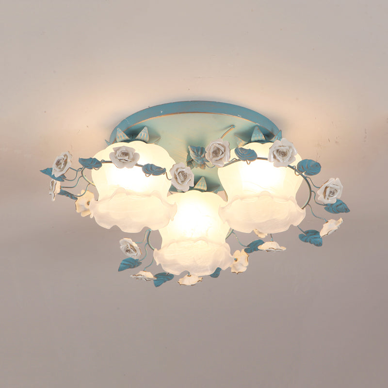 Pastoral Half-Open Flower Ceiling Lamp - 3/5-Light Semi Mount Lighting with Frosted Glass & Rose Wreath