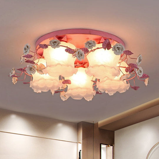 Pastoral Half-Open Flower Ceiling Lamp - 3/5-Light Semi Mount Lighting with Frosted Glass & Rose Wreath