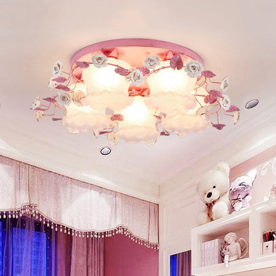 Pastoral Half-Open Flower Ceiling Lamp - 3/5-Light Semi Mount Lighting with Frosted Glass & Rose Wreath