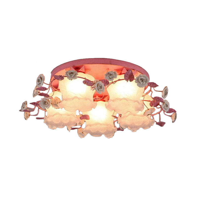 Pastoral Half-Open Flower Ceiling Lamp - 3/5-Light Semi Mount Lighting with Frosted Glass & Rose Wreath