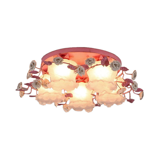 Pastoral Half-Open Flower Ceiling Lamp - 3/5-Light Semi Mount Lighting With Frosted Glass & Rose