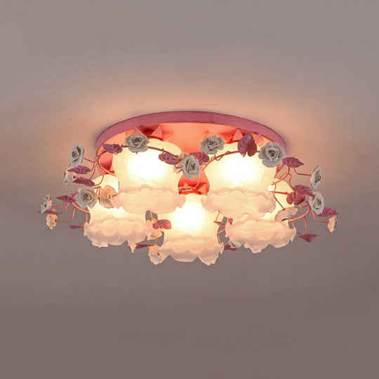 Pastoral Half-Open Flower Ceiling Lamp - 3/5-Light Semi Mount Lighting with Frosted Glass & Rose Wreath