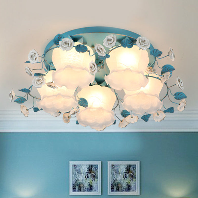 Pastoral Half-Open Flower Ceiling Lamp - 3/5-Light Semi Mount Lighting with Frosted Glass & Rose Wreath