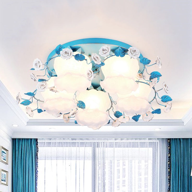 Pastoral Half-Open Flower Ceiling Lamp - 3/5-Light Semi Mount Lighting with Frosted Glass & Rose Wreath