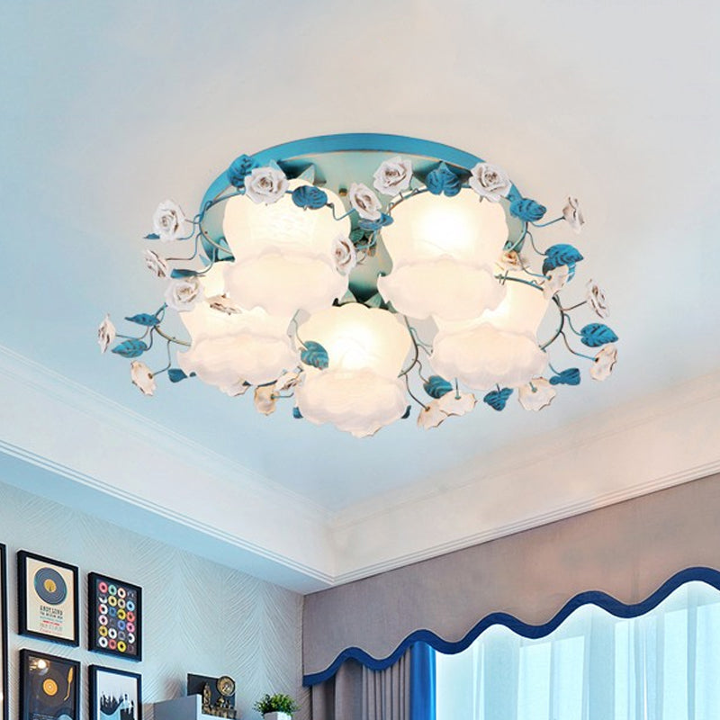 Pastoral Half-Open Flower Ceiling Lamp - 3/5-Light Semi Mount Lighting with Frosted Glass & Rose Wreath