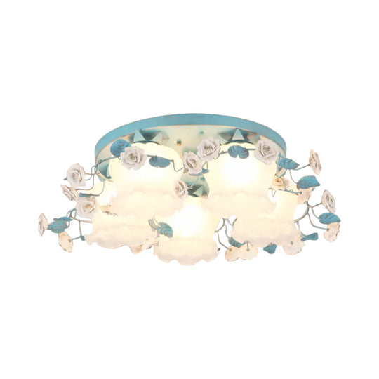 Pastoral Half-Open Flower Ceiling Lamp - 3/5-Light Semi Mount Lighting with Frosted Glass & Rose Wreath