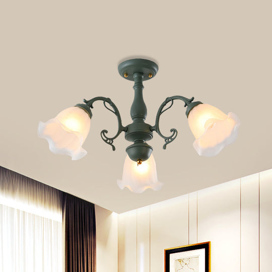 Adjustable Semi Flush American Flower Chandelier - 3/5 Bulbs Ruffled Design Grey/Blue/Green Matte