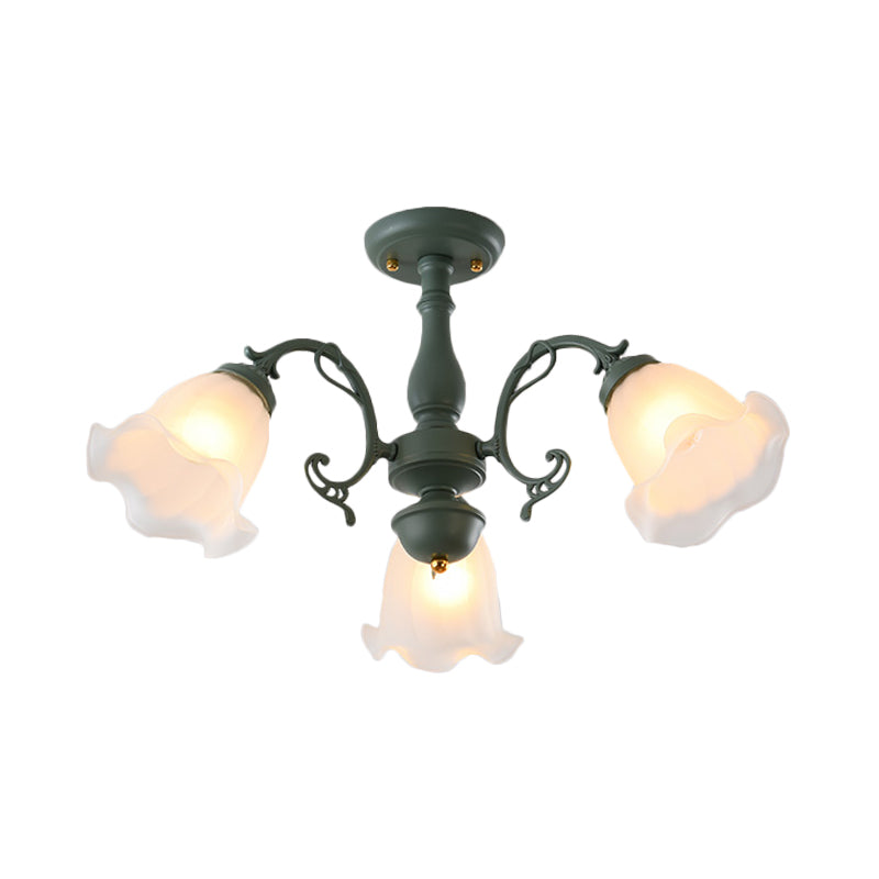 Adjustable Semi Flush American Flower Chandelier - 3/5 Bulbs, Ruffled Design, Grey/Blue/Green Matte Glass