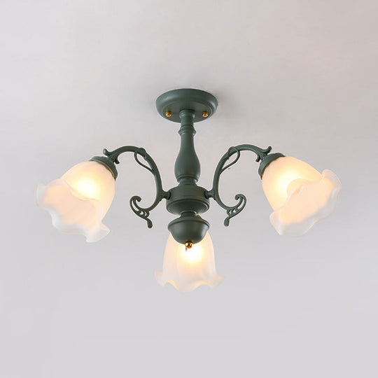 Adjustable Semi Flush American Flower Chandelier - 3/5 Bulbs, Ruffled Design, Grey/Blue/Green Matte Glass