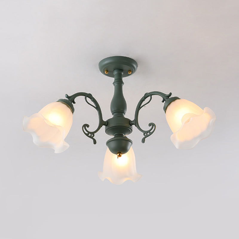 Adjustable Semi Flush American Flower Chandelier - 3/5 Bulbs Ruffled Design Grey/Blue/Green Matte