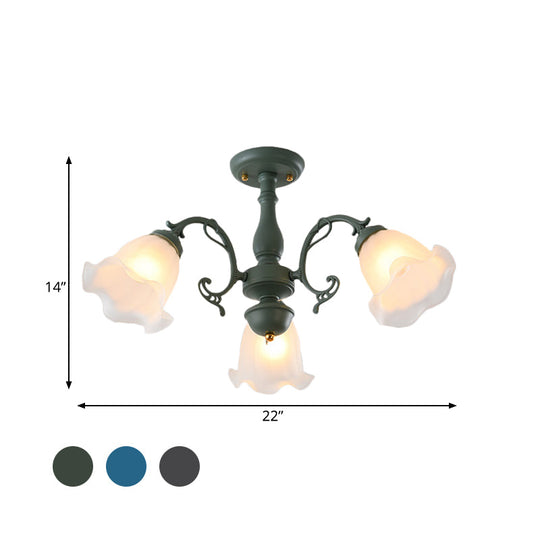 Adjustable Semi Flush American Flower Chandelier - 3/5 Bulbs, Ruffled Design, Grey/Blue/Green Matte Glass