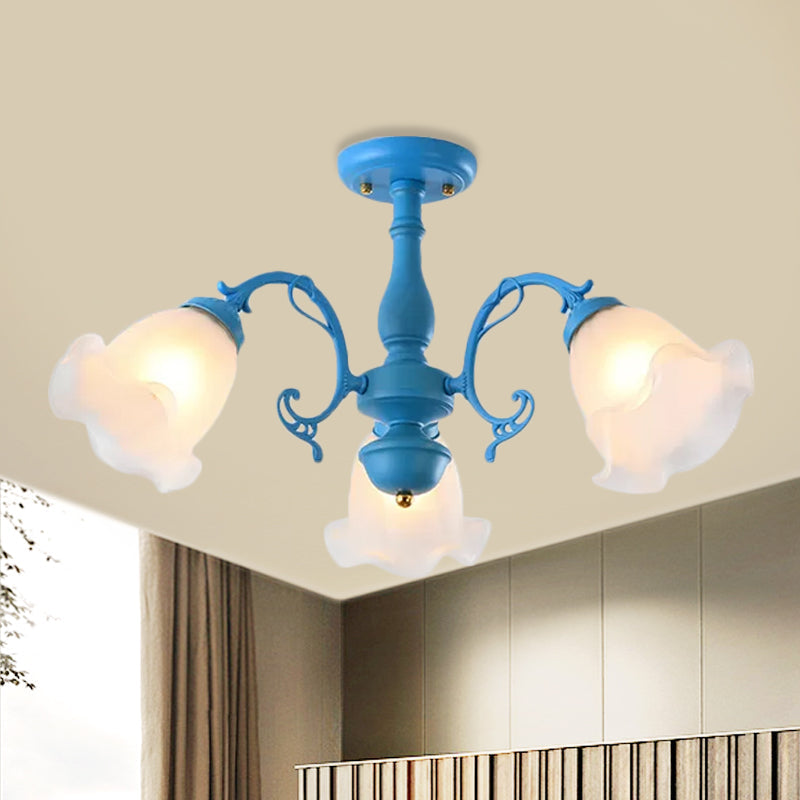 Adjustable Semi Flush American Flower Chandelier - 3/5 Bulbs, Ruffled Design, Grey/Blue/Green Matte Glass