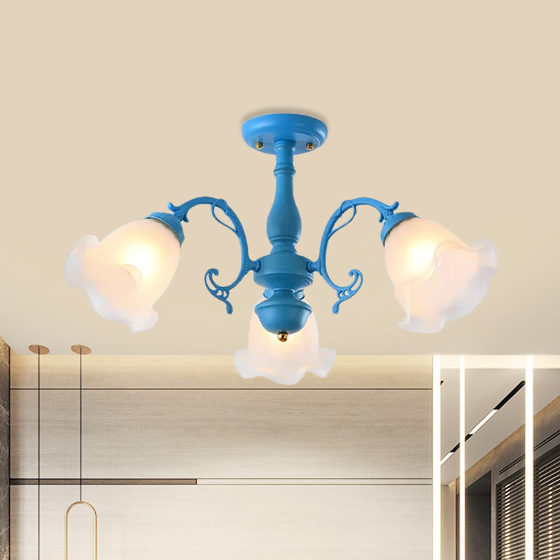 Adjustable Semi Flush American Flower Chandelier - 3/5 Bulbs Ruffled Design Grey/Blue/Green Matte