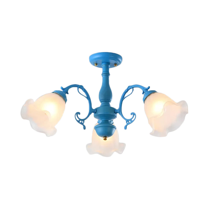 Adjustable Semi Flush American Flower Chandelier - 3/5 Bulbs, Ruffled Design, Grey/Blue/Green Matte Glass